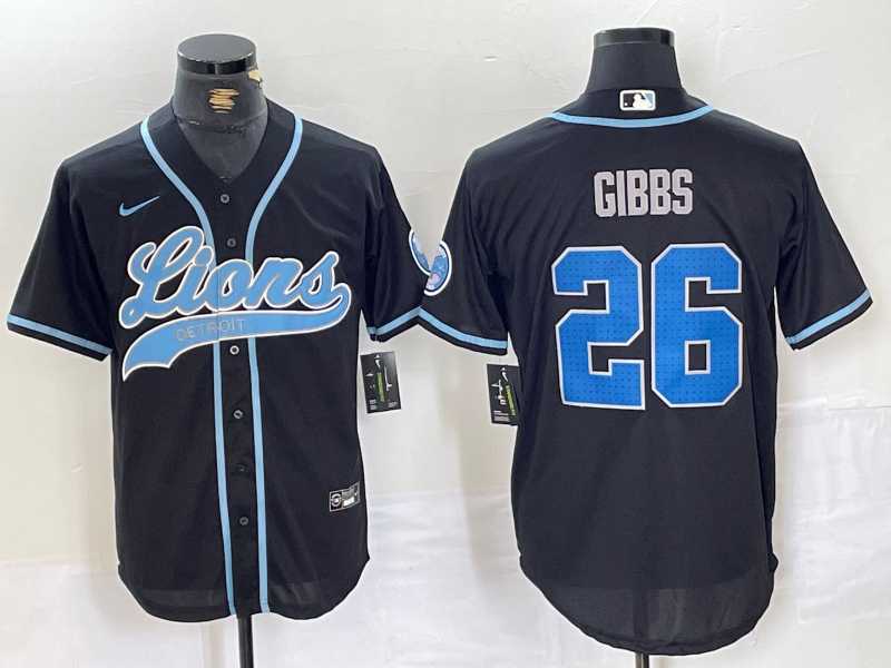 Men%27s Detroit Lions #26 Jahmyr Gibbs Black With Patch Cool Base Stitched Baseball Jersey